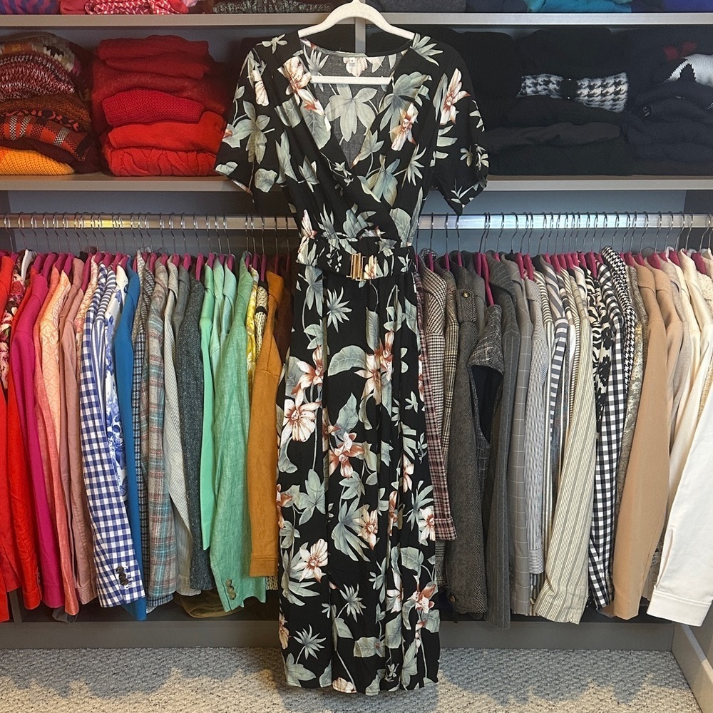 Unbranded black/green/brown floral v neck belted short sleeve maxi dress size S